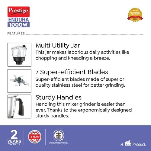 Prestige Endura 1000 W Mixer Grinder, 6 Jars (1500 ml, 1000 ml, 1500 ml, 450 ml) (Black, Silver)